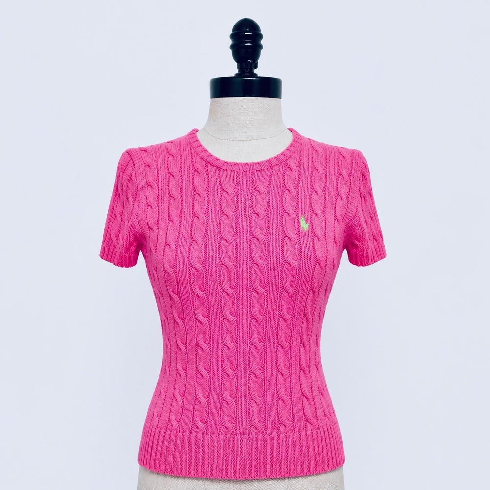 Ralph Lauren Sport Womens Pink Cable Knit Short Sleeve Cotton Sweater Small